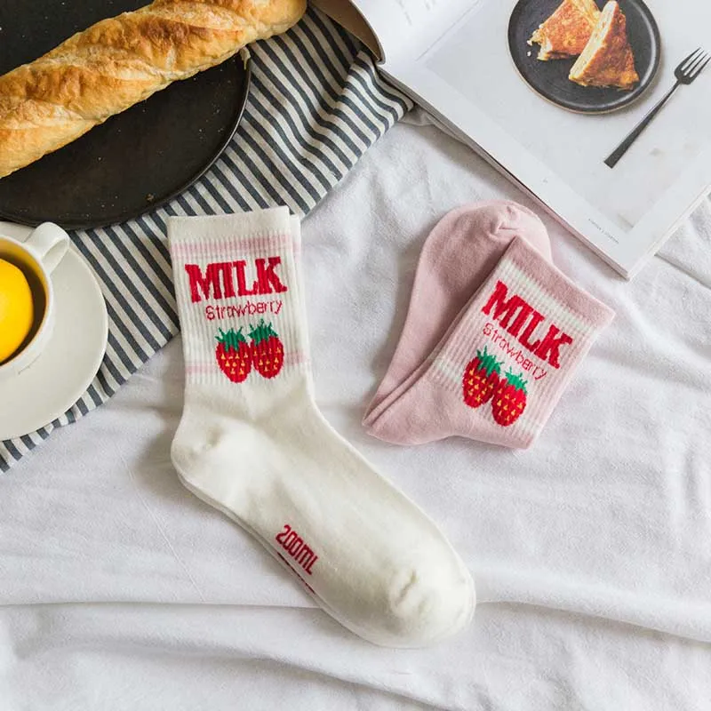 Japanese Harajuku Funny Kawaii Jacquard Cute Fruit Strawberry Milk Pinky/White Women Socks Creative Calcetines Mujer Skarpetki | Женская