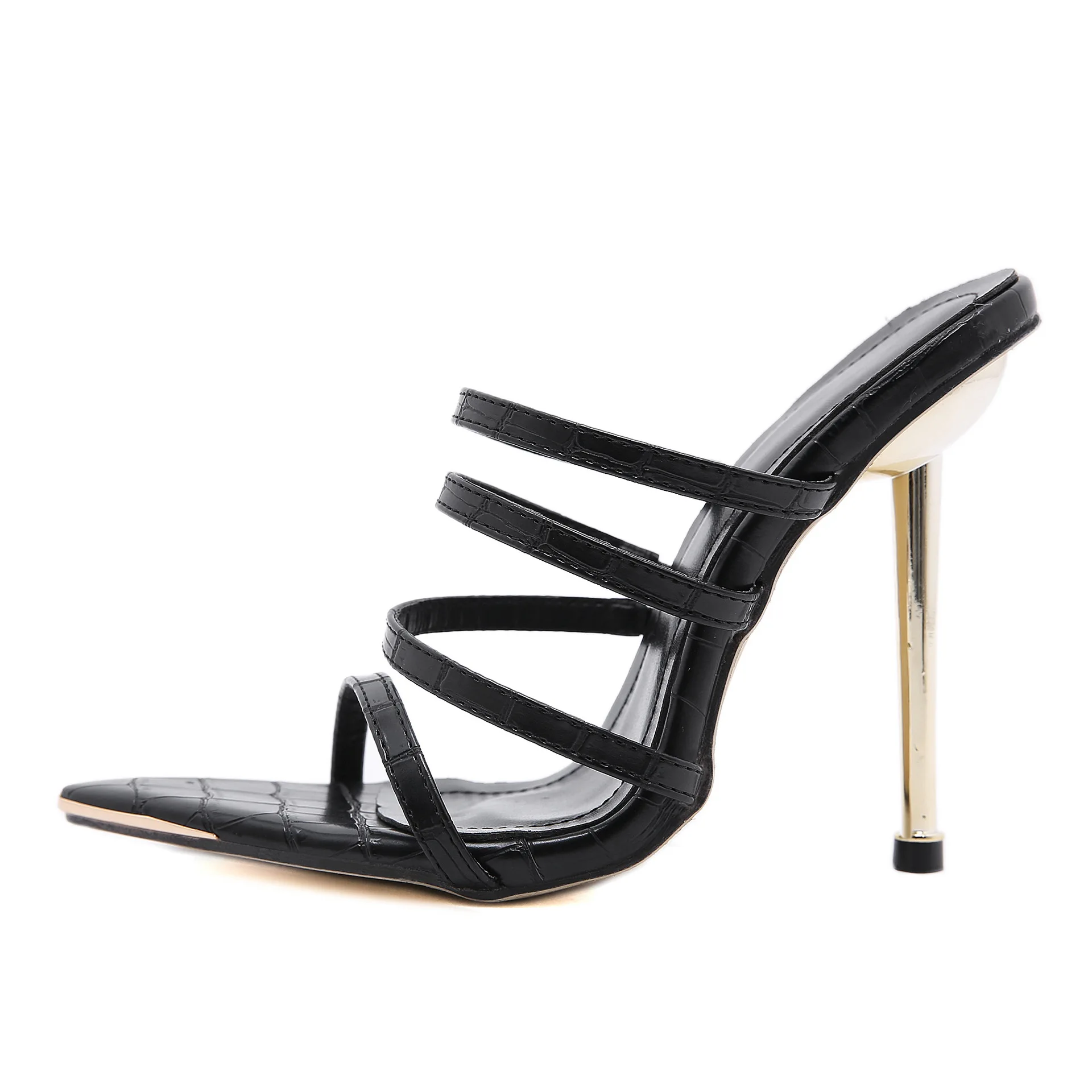 

[fvfv]2021 Summer Thin High Heels Women's Shoes Fashion Sexy Metal Decoratio Cross-Tied Retro Patchwork Head 10CM Heels Fashion