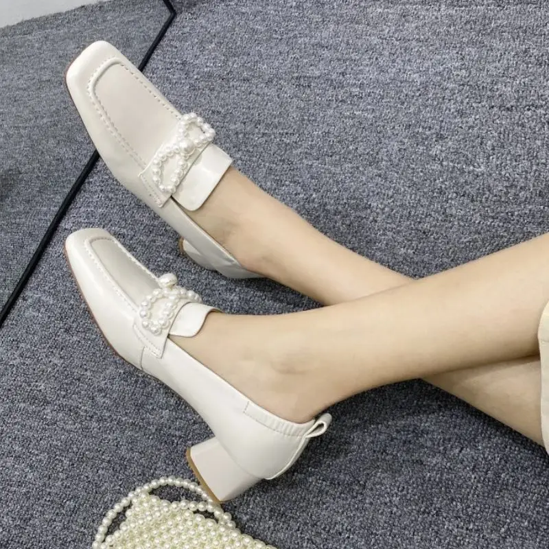 

RIZABINA Size 33-40 Women Pumps Cow Leather Square Toe Beads Women Shoes Fashion Elegant Women Party Shoes Ladies Footwear