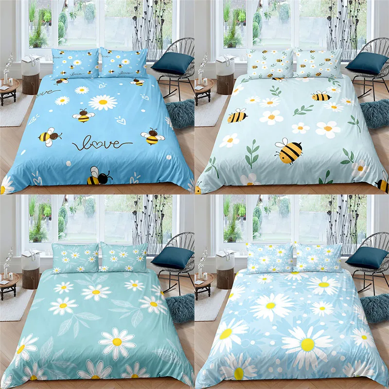 

Комплект постельного белья, 2/3 шт., с принтом в виде маленькой маргаритки, пчелы, удобный цветочный пододеяльник, наволочка, домашний текстил...