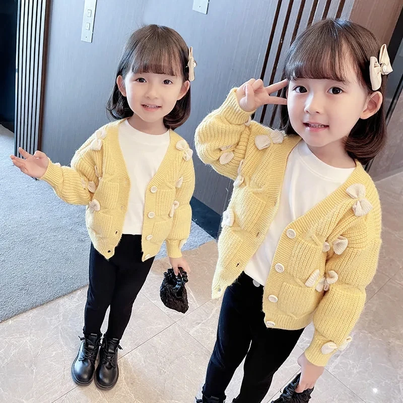 

Girls' Knitted Cardigan Sweater Jacket Autumn 2021 Little Girl's Top New Korean Style Children's Bow Tie Sweaters Knitted Coats