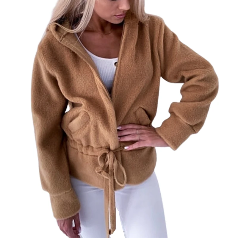 Женская одежда осенняя зимняя коричневая верхняя на молнии с карманами и