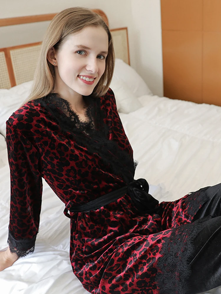 Women Sexy Leopard Pajama sets Winter Femme Robe 3 Piece Pants Set Pajamas Velvet Sleepwear Warm Flannel Nightwear Home Clothes