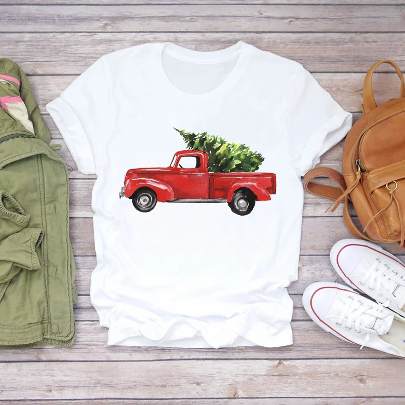 

Women T-shirts Tree camper holiday Truck Animal Happy Christmas Snow Print Lady Womens Graphic T Top Shirt Female Tee T-Shirt