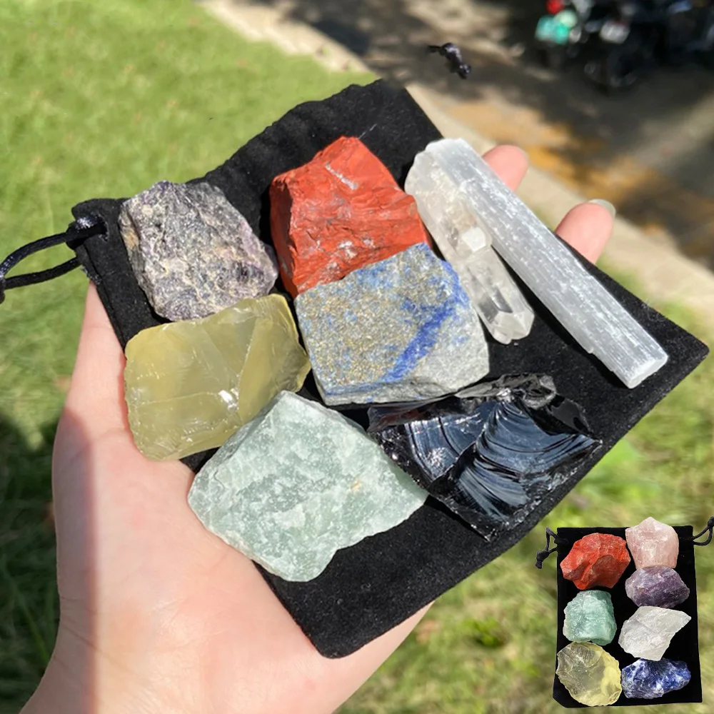 

Reiki Energy Jewelry 7 Seven Black Set Chakra Crystals Natural Quartz Home Decoration Bag Colors Healing Gift with Yoga Stone