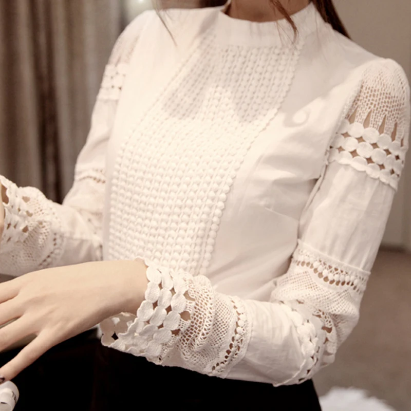 

New Fashion 2019 Women Tops And Blouses Slim Long Sleeve White Blouse Shirt Lace Crochet Hollow Out Plus Size Women Clothes 5XL