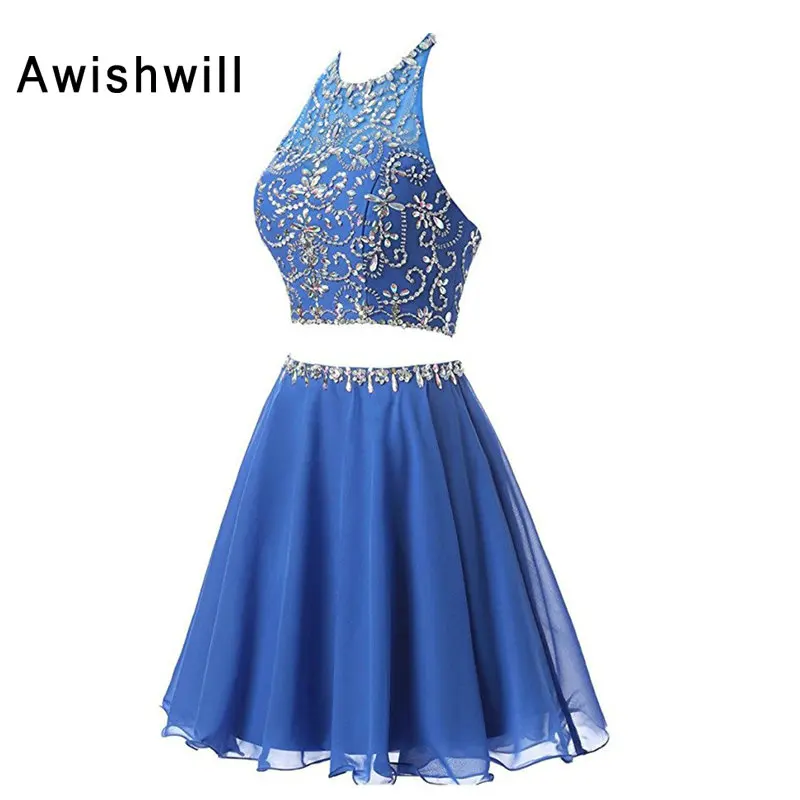 Модные синие шифоновые платья для Бала выпускников из двух частей майка обшитая
