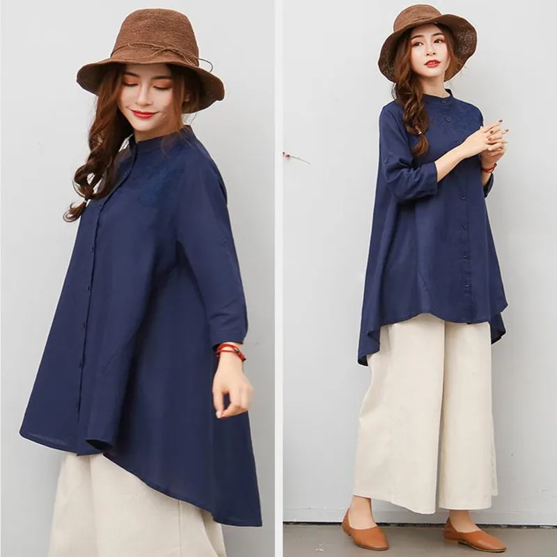 

2021 new women's loose large stand collar embroidered cotton hemp medium sleeve shirt