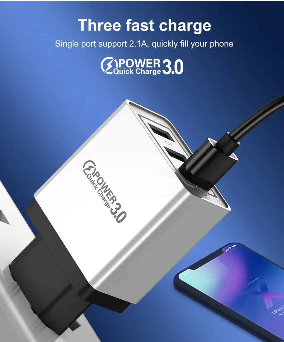 USLION 3 Ports USB Charger Quick charge 3.0 for iPhone X S 8 7 6 EU&US Plug Fast Wall Charger Charging For Samsung Xiaomi Huawei