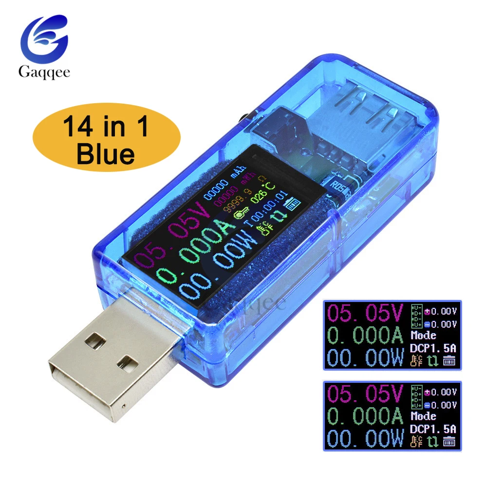14 in 1 Blue USB Тестер DC Цифровой вольтметр Amperimetro измеритель напряжения тока детектор power Bank индикатор зарядного устройства/нагрузочный резистор/разъем - Цвет: 14 in 1 Blue