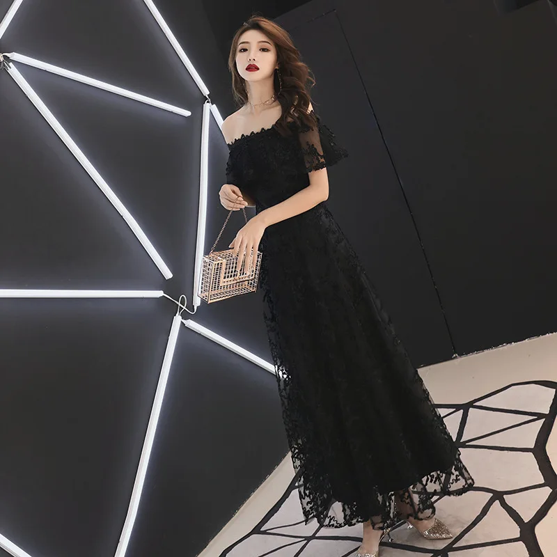 Женское вечернее платье с вырезом лодочкой темно-синее в восточном стиле Ципао