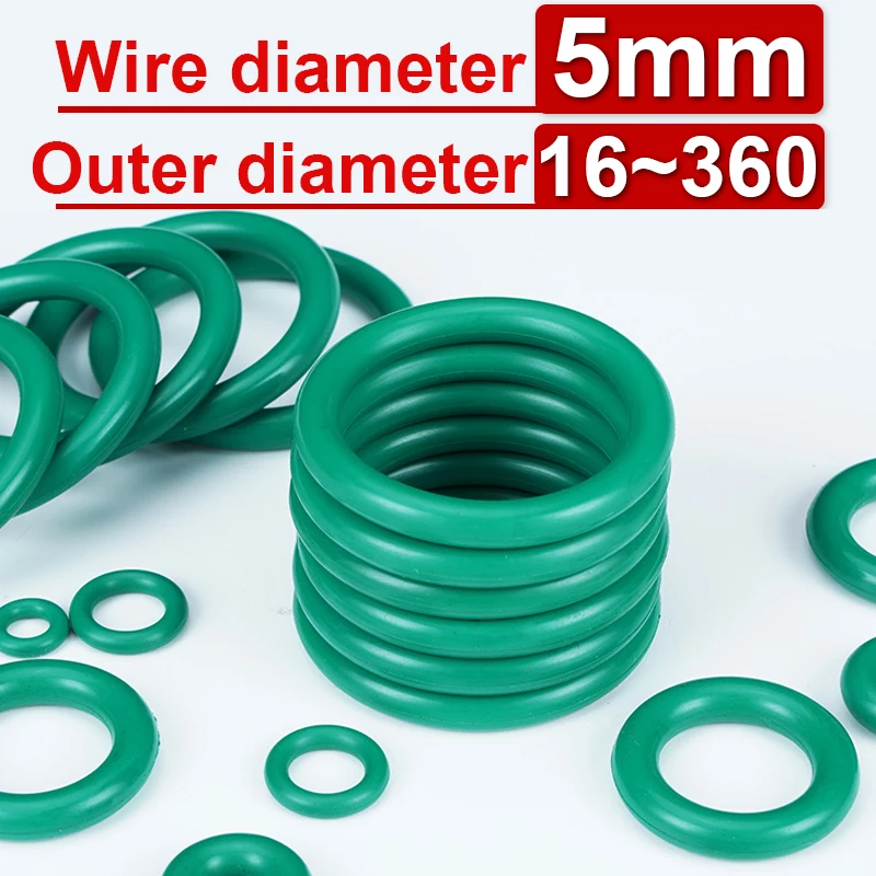 Wire Diameter 5mm FKM Fluororubber O-Ring Sealing Ring CS OD 13mm-400mm Green Seal Gasket Ringcorrosion Resistant Heat 5Pcs