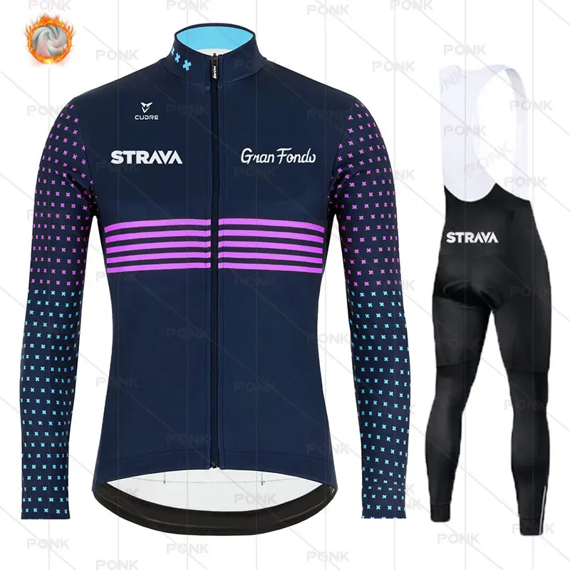 

2021 STRAVA Winter Thermal Fleece Cycling Jersey Set Warm Long Sleeves Man MTB Ciclismo Ropa Bike Shorts Sport Clothes Bib Pants