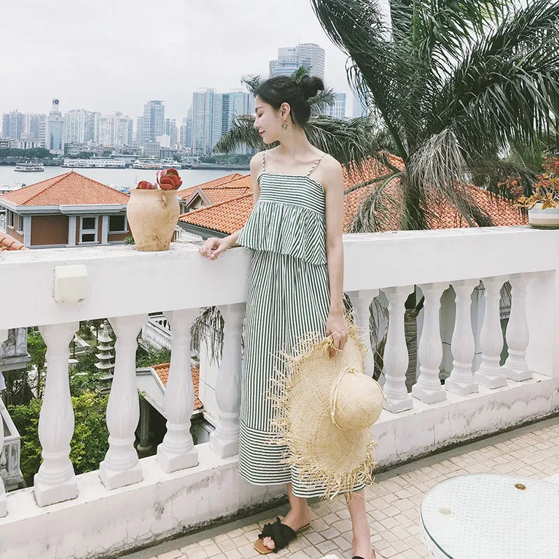 Fashion High Waisted Wide Leg Pants Woman Loose Green Stripe Trousers Women Ankle-Length Clothes 2018 | Женская одежда