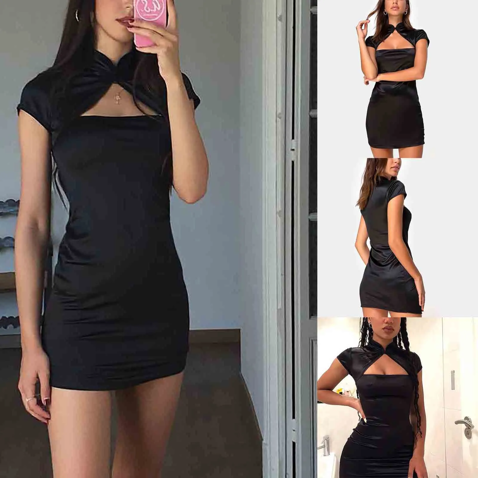 Женское эластичное атласное Короткое платье Ципао с воротником стойкой|Вечерние