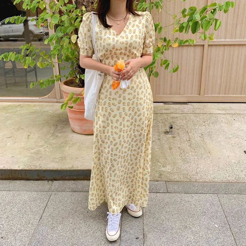 

Elegant Chic V-Neck Floral Print Dress One-Piece Korean Women'S Dress 2021 Summer Dress Vintage Lace-Up Slim Casual Midi Dresses