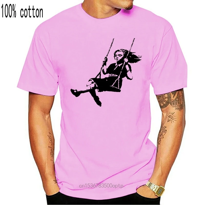 

New Banksy - Girl On Swing - Graffiti Art T Shirt Brand Cotton Men Clothing Male Slim Fit T Shirt coat clothes tops
