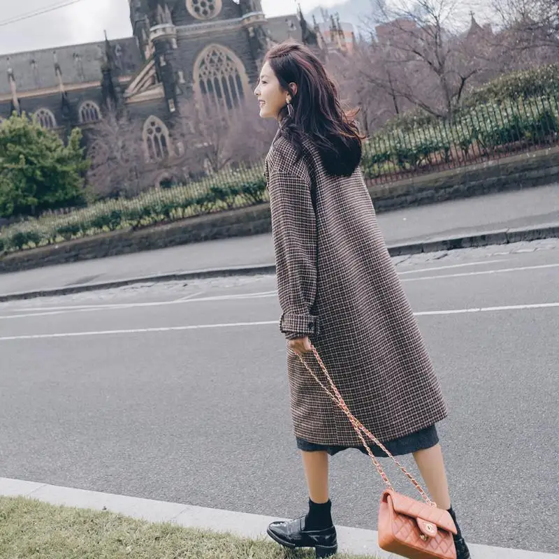 Зимние женские шерстяные пальто с рисунком гусиные лапки модные коричневые