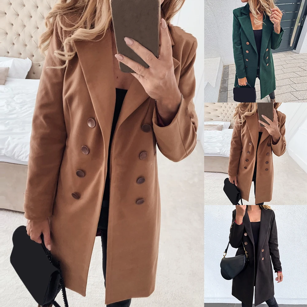 Пальто женское весеннее 2020 года Solid Color Basic Essential Double-Breasted Coat Mid-Long Wool Blend Pea Mujer S-3XL on.