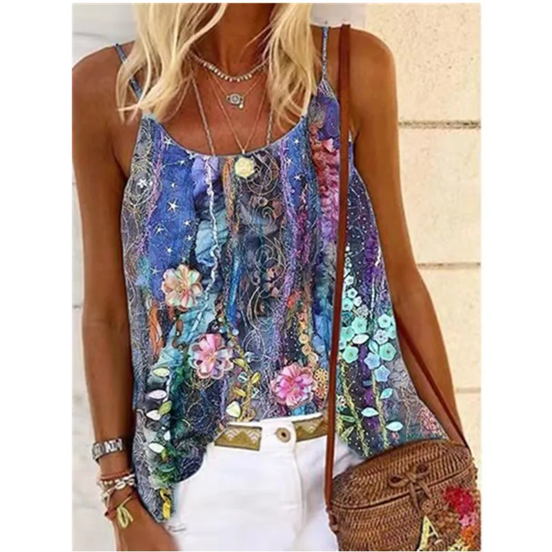 

Hot Women Sleeveless Vest Top Summer Gothic Style Casual Loose Flower Printed Off Shoulder Camisole Tank Tops Mujer Verano