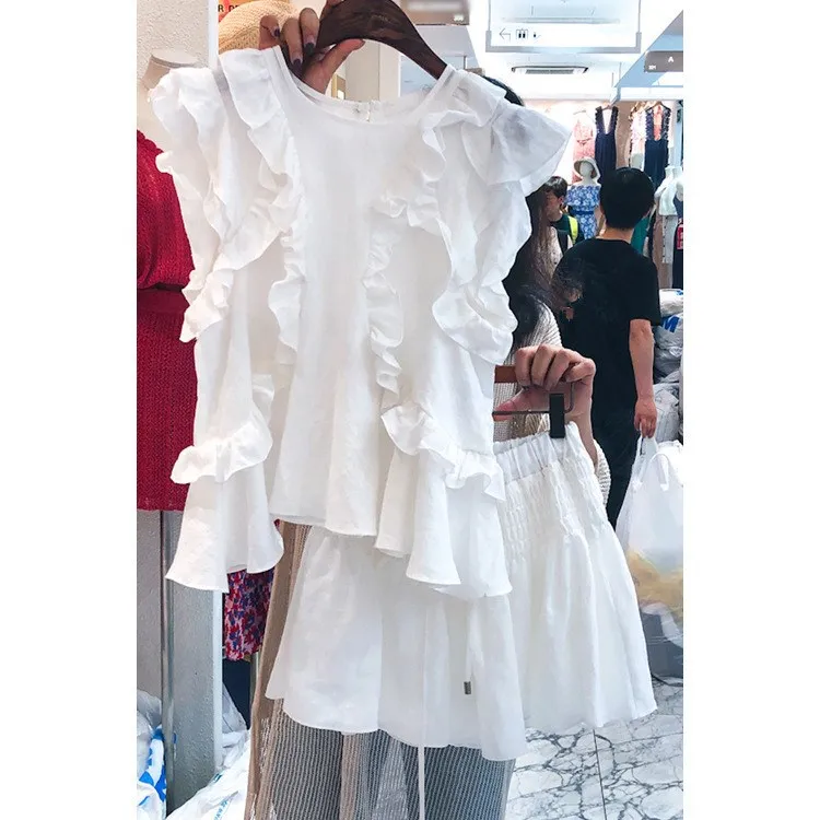 Женский комплект из 2 предметов с оборками без рукавов летняя футболка