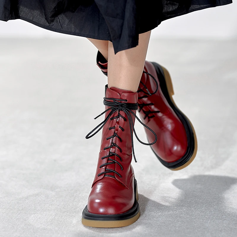 

MoonMeek 2020 New arrival fashion ankle boots high quality genuine leather boots comfortable med heels lace up women boots