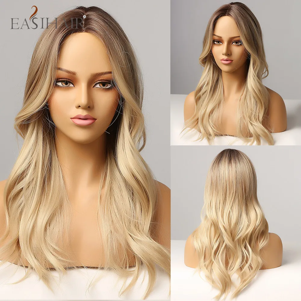 

EASIHAIR Brown Blonde Ombre Hairline Part Lace Wigs Long Wavy Synthetic Heat Resistant Wigs for Women Natural Fake Hair Party
