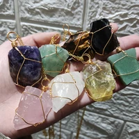 natural raw stone pendant handmade wire wrapped healing crystal gemstone irregular shape fluorite gold alloy chain couples gift