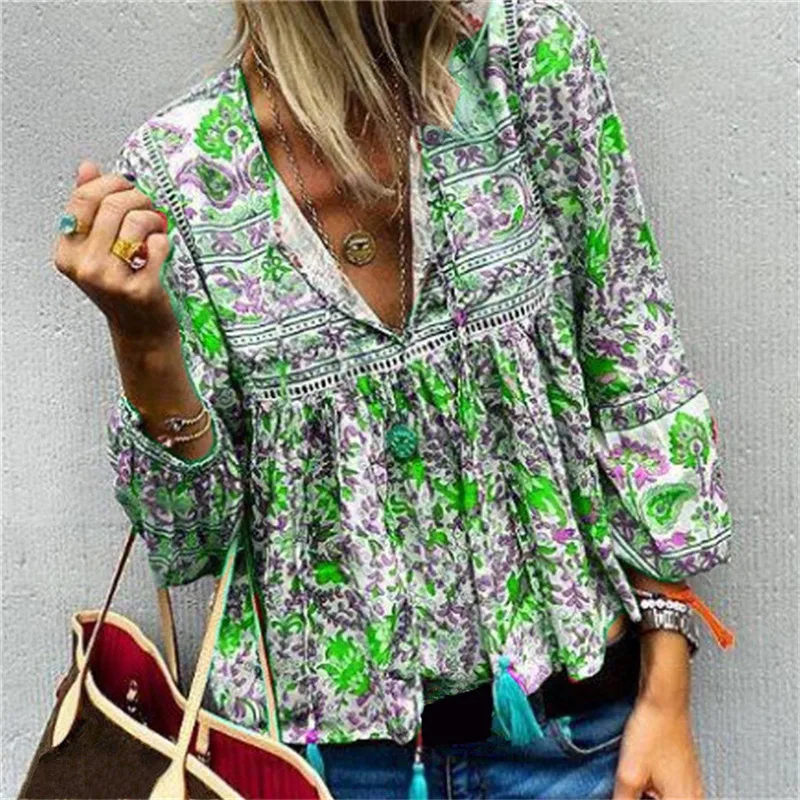 5 цветов длинный рукав v-образный вырез высокая талия РЕТРО ПРИНТ свободная