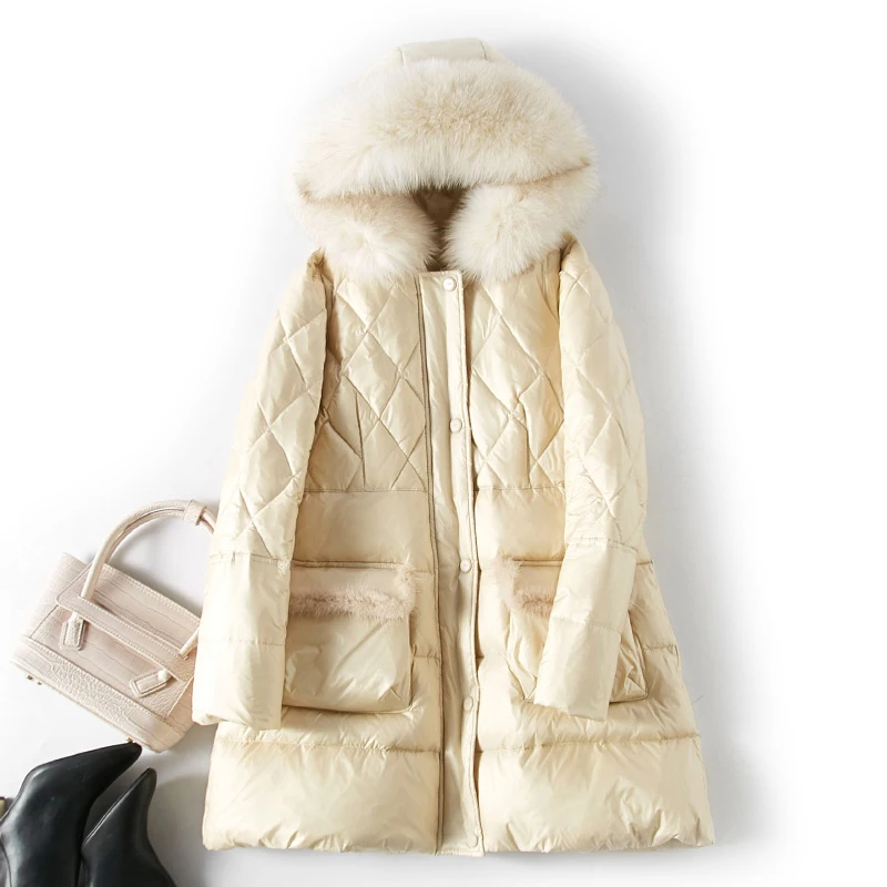 Женский зимний пуховик с капюшоном розовая длинная парка натуральным лисьим