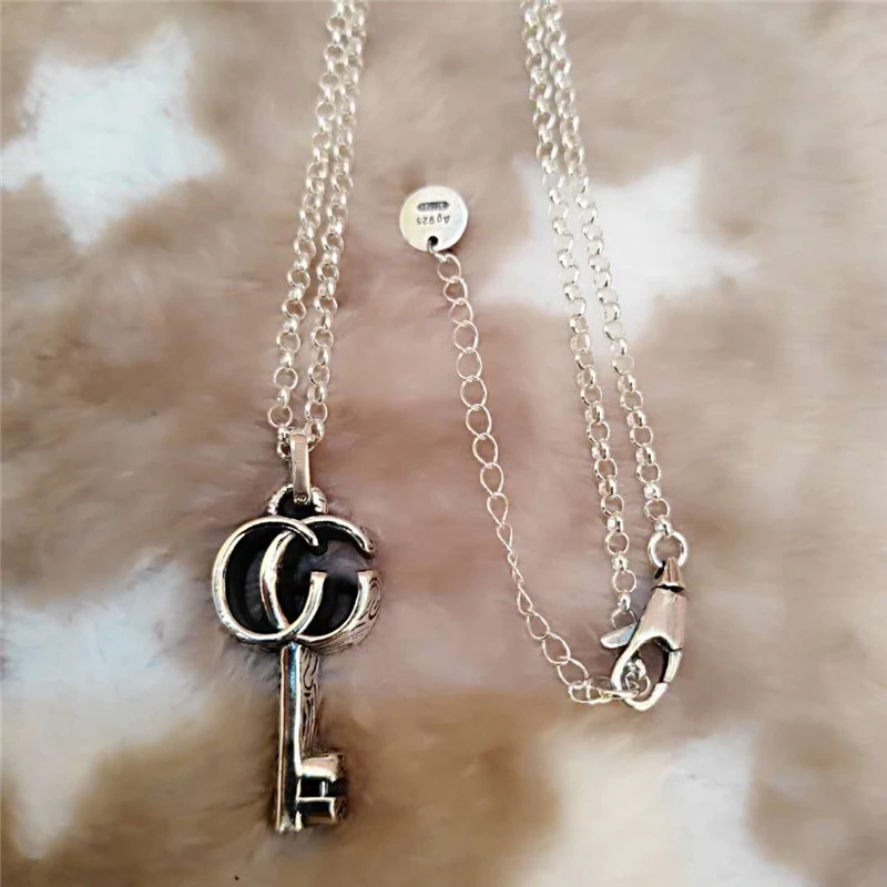 

Gorgeous retro style Pattern edge key pendant S925 Sterling silver Necklace 1:1 Original high quality Luxury brands Logo gift