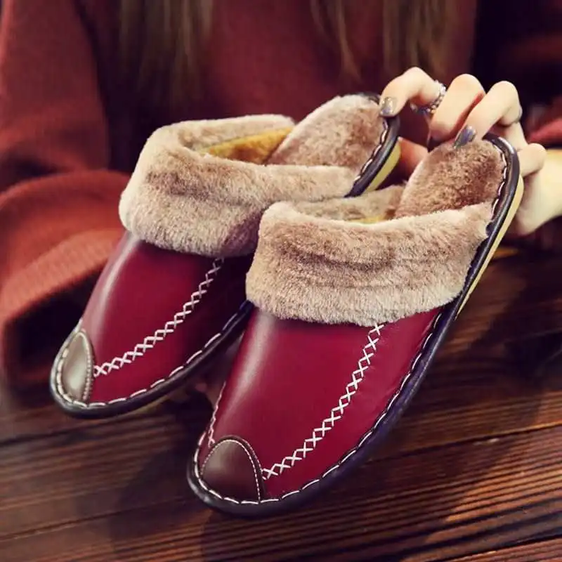 

Winter Fur Women Home Slippers Large Size PU Leather Warm Plush Couples Bedroom Shoes Non-slip Men Furry Slippers Female Slides