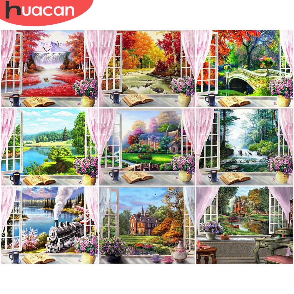 

HUACAN Paint By Number Window Landscape For Adults DIY Frame Picture By Numbers House Acrylic Paint On Canvas Home Decor