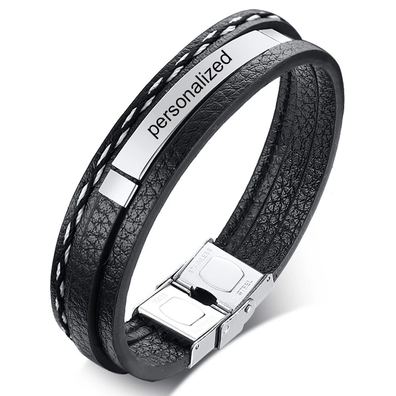 

Personalized Men's Multilayer Leather Bracelet Name Date Engraved Black Wrap Wrist Customized Dad Father's Gifts