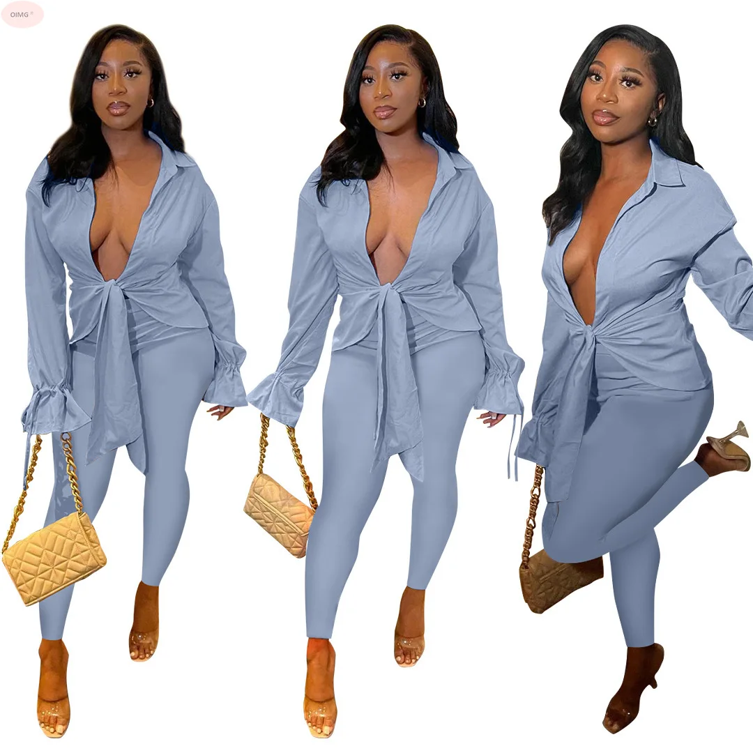 

H8062 Europe and America Women's Autumn Winter Style Sports Slim Solid Color Drape Horn Sleeve Leisure Two Pieces of Suit