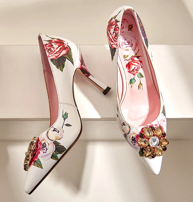

Beauty Peony Flower Printing Crystal Wedding Pumps Pointed Toe High Heel Thin Heel Woman Slip On Banquet Shoes