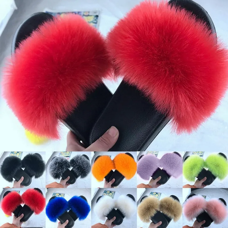

Women Summer Slippers Casual Fur Fluffy Slippers Flat Non-Slip Shoes Ladies Shoes Female 2021 New Furry Indoor Flip Flops