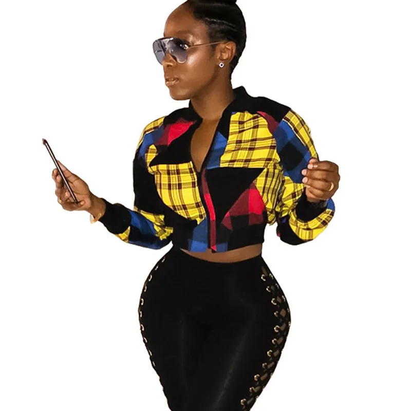 Женская клетчатая куртка-бомбер с длинным рукавом Повседневная тонкая