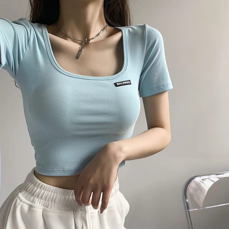 

TVVOVVIN Girls Square Collar Collarbone Navel Short Sleeve T Shirt Elastic Slim Top Tees Hot Sexy Korean Women Tops YE9B
