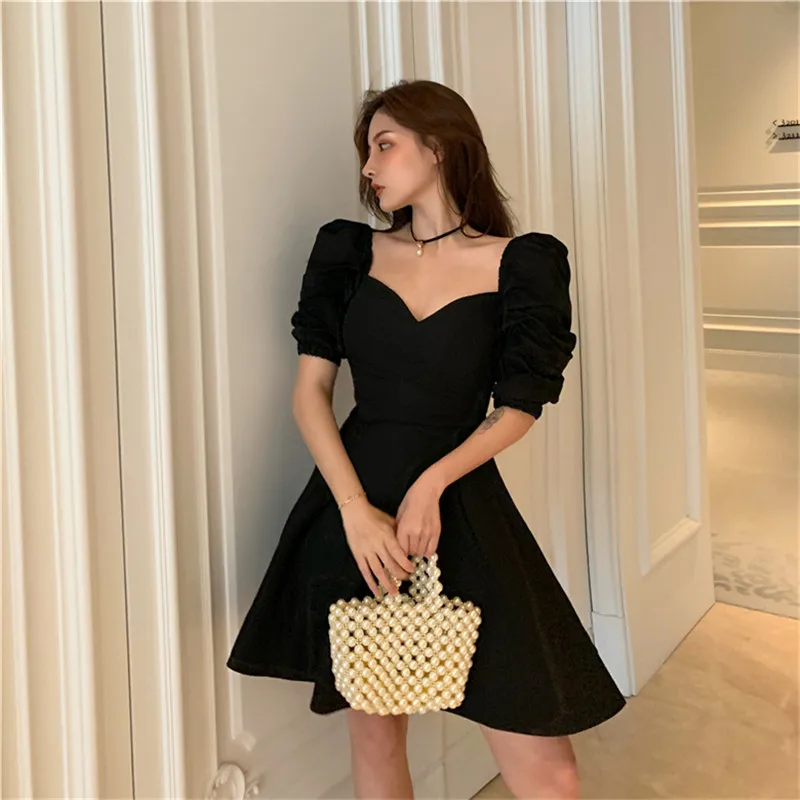 Женское летнее сексуальное мини-платье с глубоким v-образным вырезом, милое белое сказочное платье с пышными рукавами, Vestidos, винтажное праздничное мини-платье трапециевидной формы