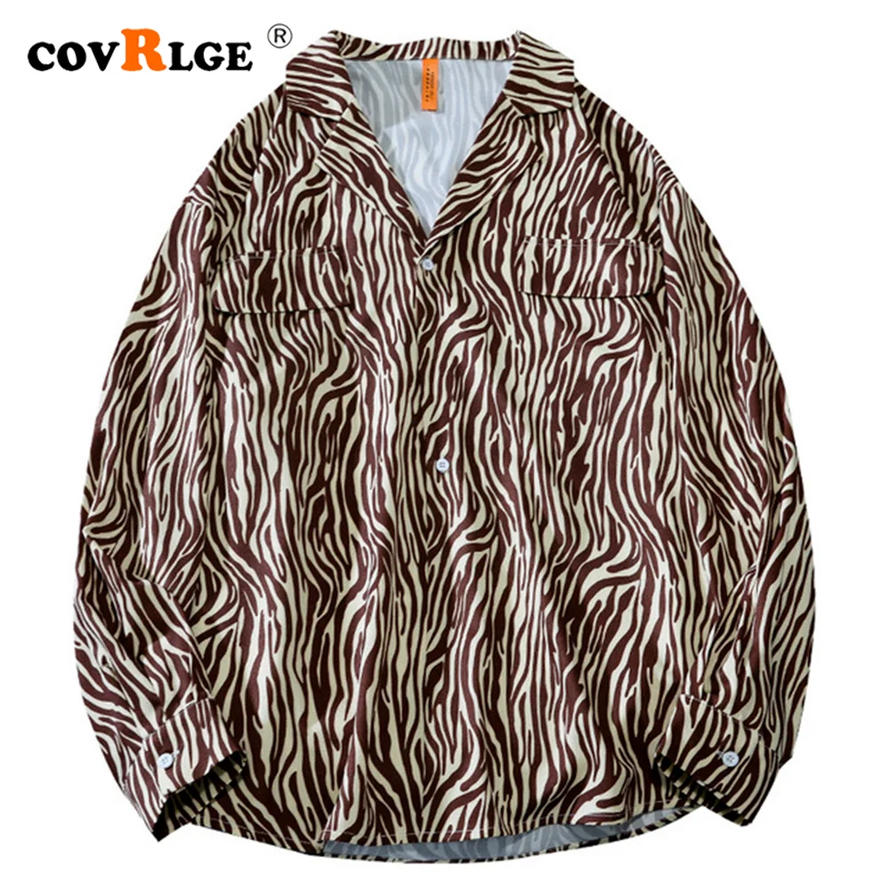 

Covrlge Zebra Pattern Thin Coat Autumn Long-sleeved Leopard Print Hong Kong Style Flower Shirt Male Phuket Loose Shirt MCL336