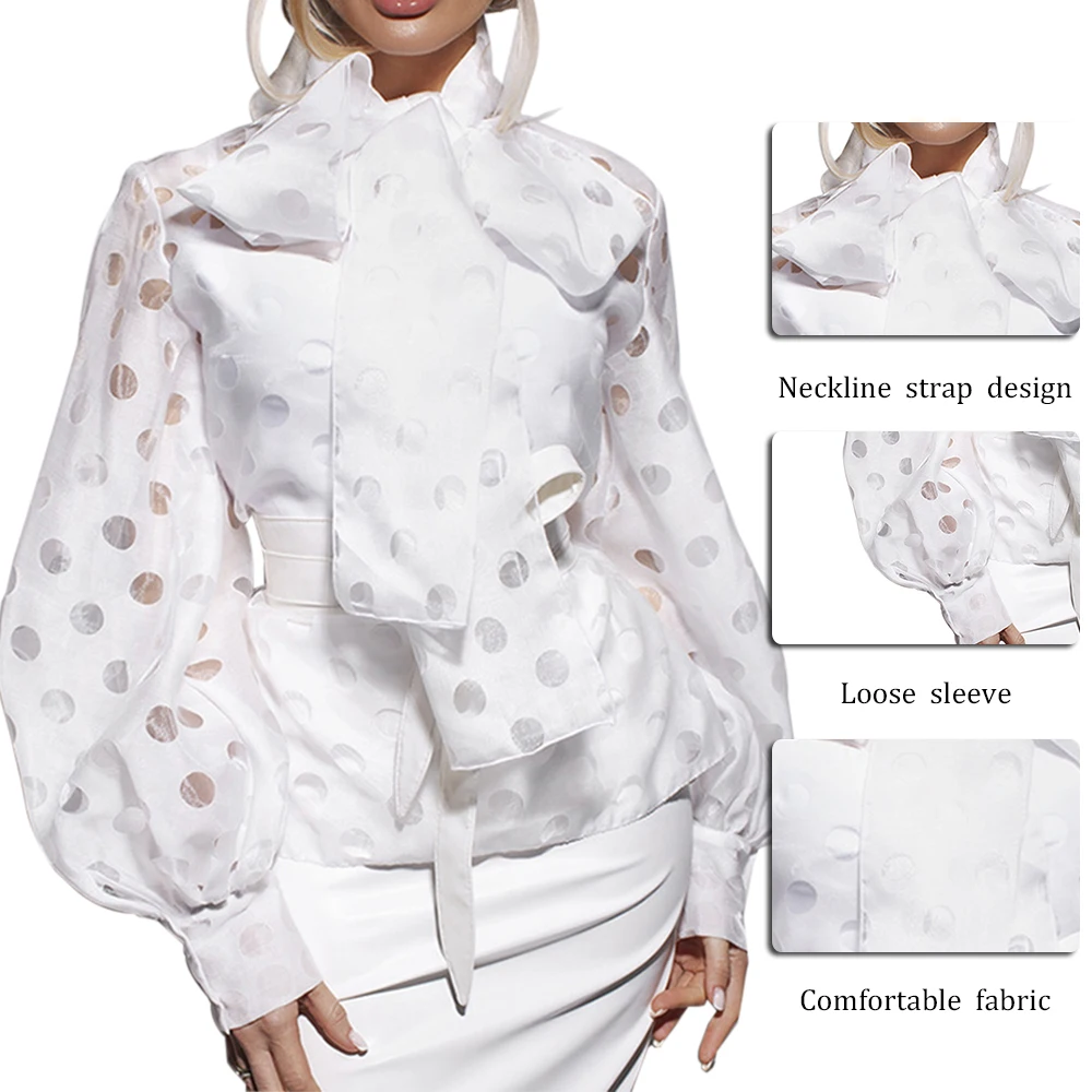 Женская блузка в горошек элегантная офисная с рукавами-фонариками и узелком