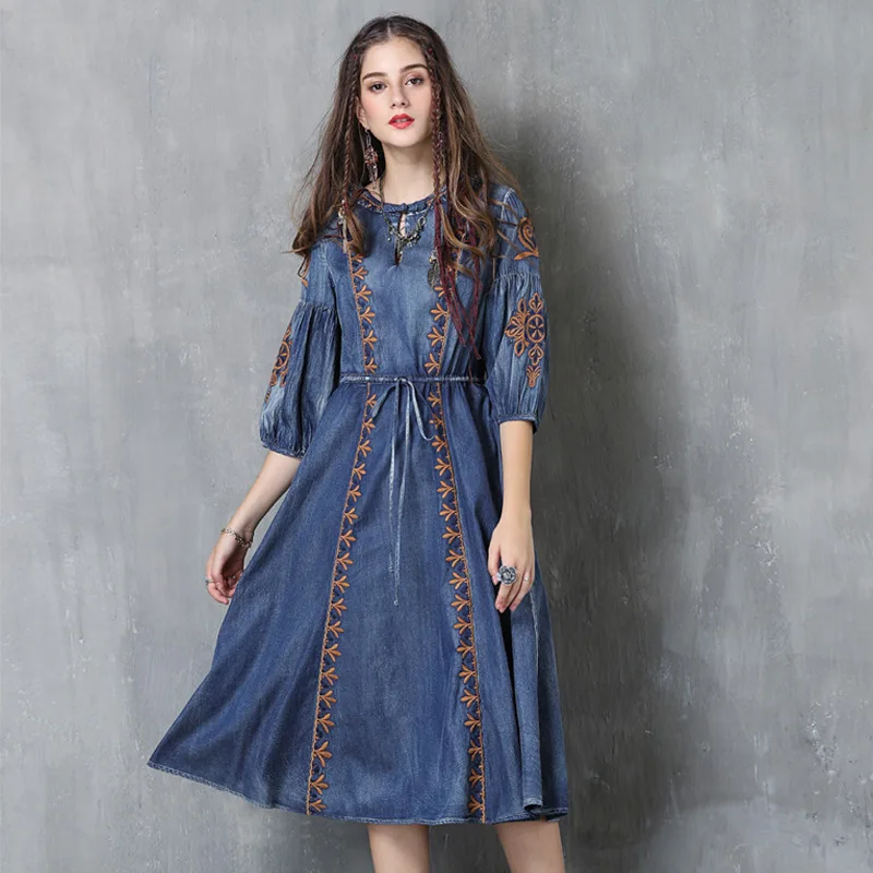 

Sell through selling women's clothing 2020 new large size embroidery denim national wind draw string A82027 dress