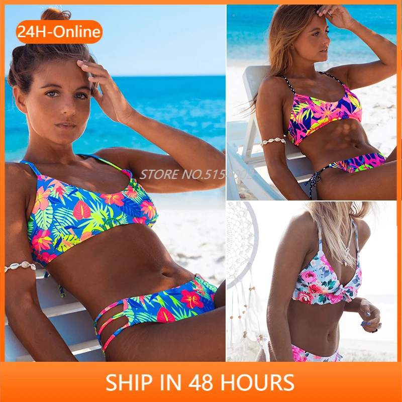 

2021 New Ruffle Bikini Women Swimsuit Push Up Swimwear Bandage Halter Bikini Set Print Brazilian Bathing Suit Swim Suit Female
