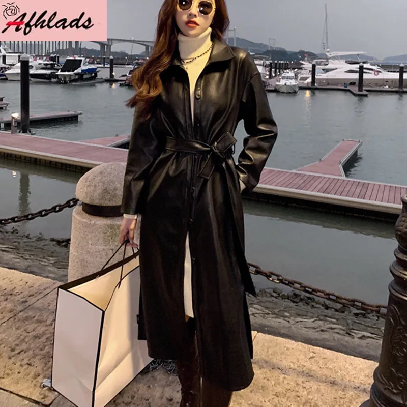 

Женская длинная куртка из искусственной кожи на шнуровке, свободная однобортная винтажная куртка на весну и осень, 2021