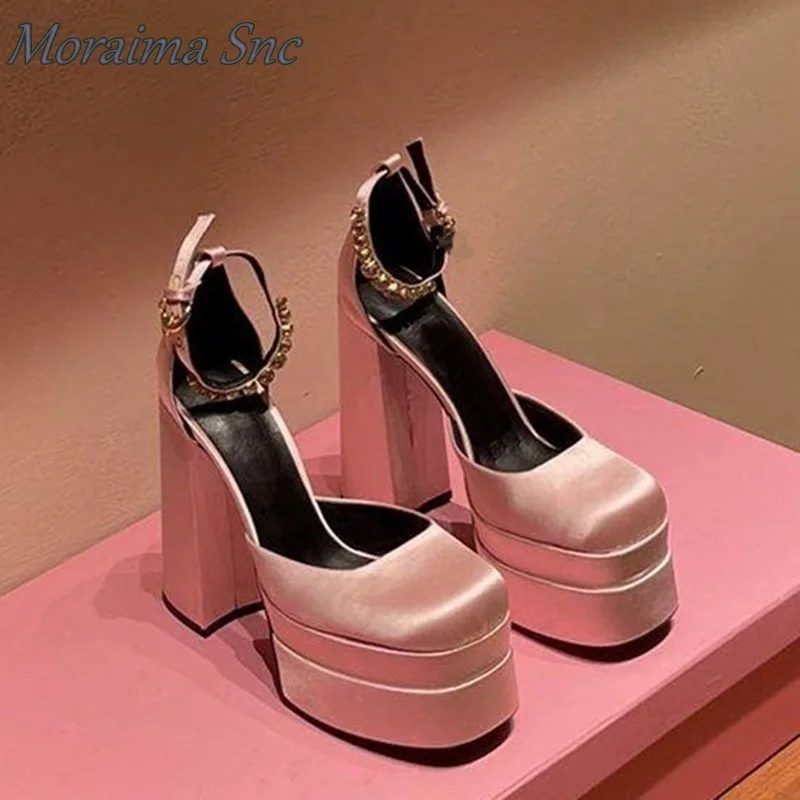 Moraima Snc Pumps Buckle Strap Silk Black High Platform Square Toe Women Pumps Chunky High Heel New Fashion Autumn Spring Shoes
