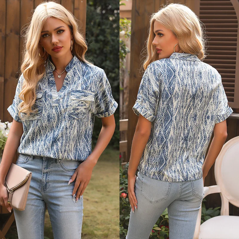 

2021 new summer women's shirt fashion printing hedging v-neck tie-dye short-sleeved shirt women