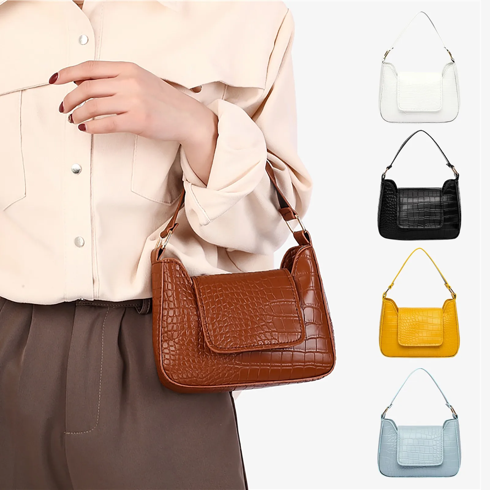 

Fashion Women's Handbag Crocodile Pattern PU Leather Shoulder Bags 2021 Hasp Designer Luxury Small Bags Ladies Handle Totes Sac