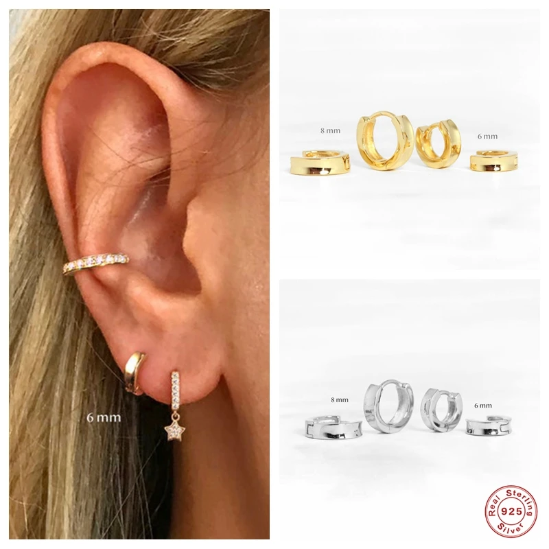 

Aide 925 Sterling Silver Gold Chunky Hoop Earrings For Women Gift Minimalist 6/8mm Circle Thick Huggie Earrings Second Hole Hoop