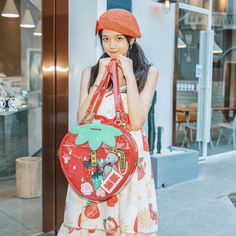 

Sweet Lolita Strawberry Bag Transparent Pain Package Cute Janpanese Maiden Jelly Bag PU Backpack Doll Bag Messenger Bag Handbag
